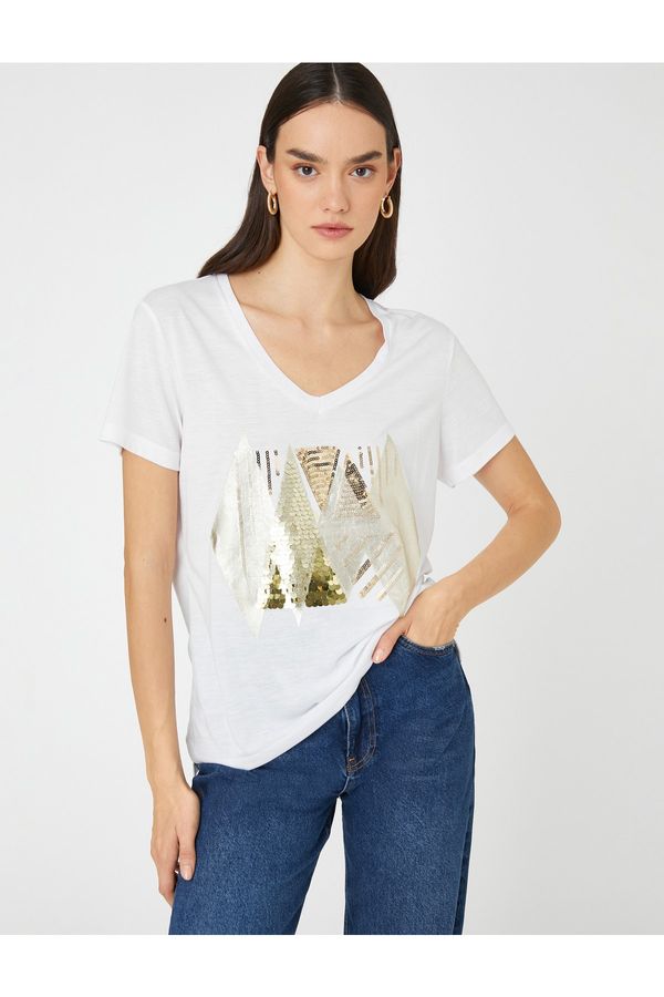 Koton Koton Sequin Printed T-Shirt Relax Fit V-Neck Short Sleeve