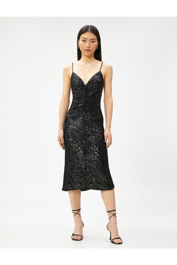 Koton Koton Sequined Evening Dress Midi Length Draped