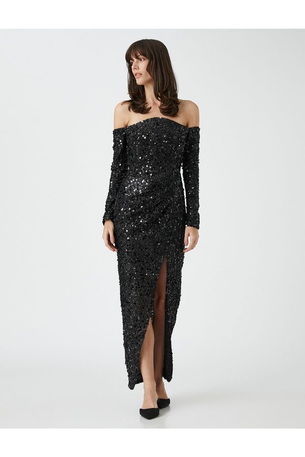 Koton Koton Sequined Evening Dress Open Shoulder Long Sleeve