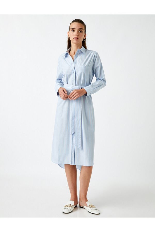 Koton Koton Shirt Collar Dress Belted Cotton Striped