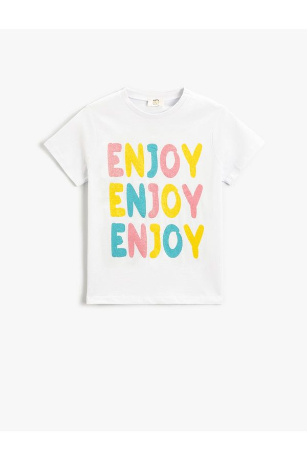 Koton Koton Short Sleeve Glittery Printed T-Shirt Crew Neck Cotton