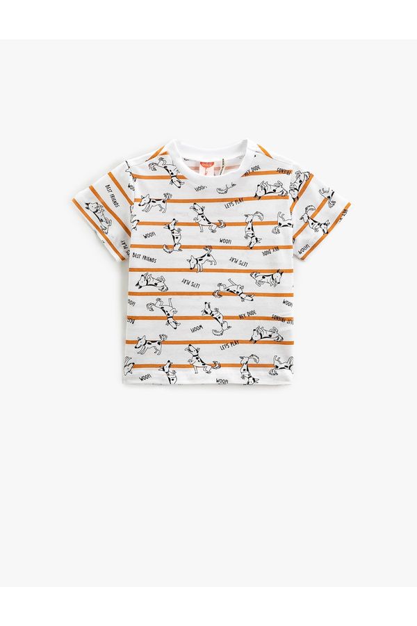 Koton Koton Short Sleeve Striped T-Shirt Crew Neck Dog Printed