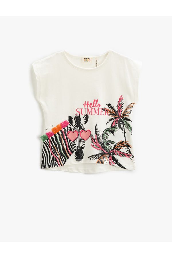 Koton Koton Sleeveless Loose Fit T-Shirt Crew Neck Zebra Printed Applique Detailed