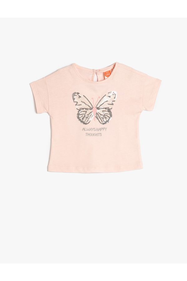 Koton Koton T-Shirt Butterfly Sequin Embroidered Short Sleeve Crew Neck Cotton