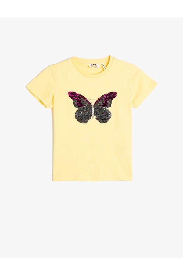 Koton Koton T-Shirt Crew Neck Short Sleeve Butterfly Sequin Embroidered Cotton