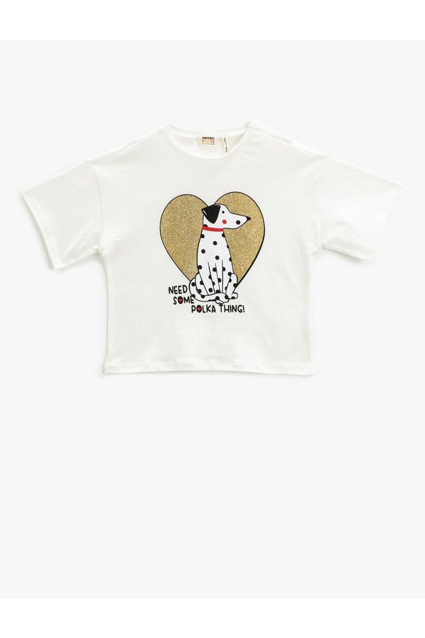 Koton Koton T-Shirt Short Sleeve Dog Printed Glitter
