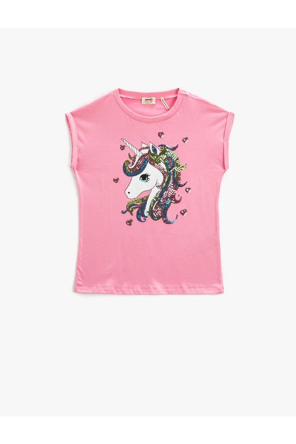 Koton Koton T-Shirt Unicorn Sequin Embroidered Sleeveless Crew Neck