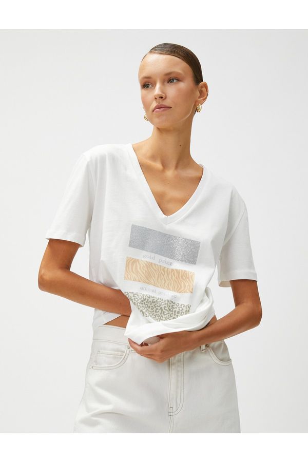Koton Koton T-Shirt V-Neck Shiny Printed Cotton