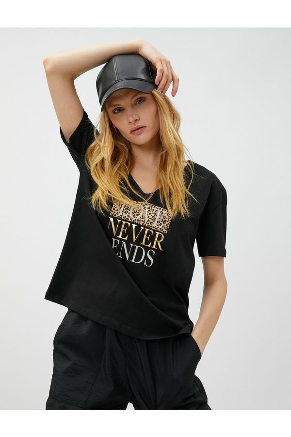 Koton Koton T-Shirt V-Neck Shiny Printed Cotton