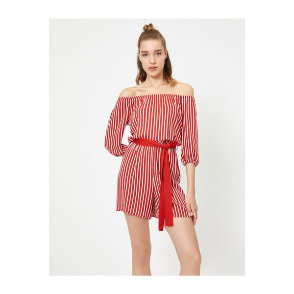 Koton Koton Tie Waist Carmen Collar Striped Jumpsuit