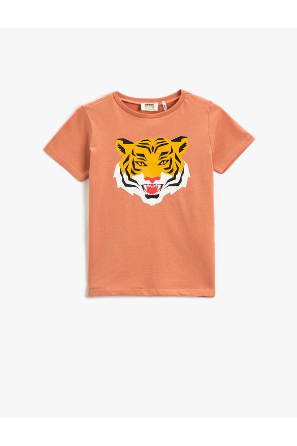 Koton Koton Tiger Printed Short Sleeve T-Shirt Crew Neck Cotton