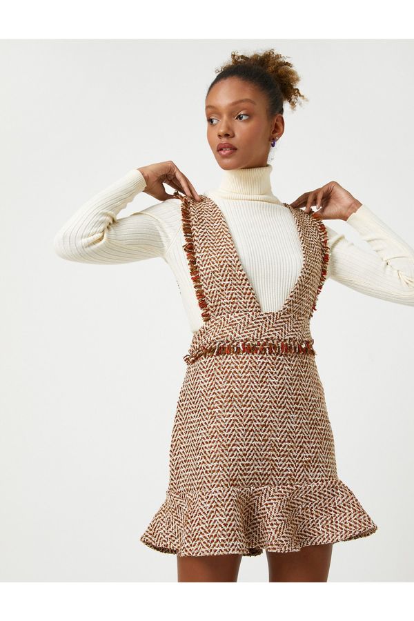 Koton Koton Tweed Salopet Dress Gilet Frilled Thick Strap Patterned