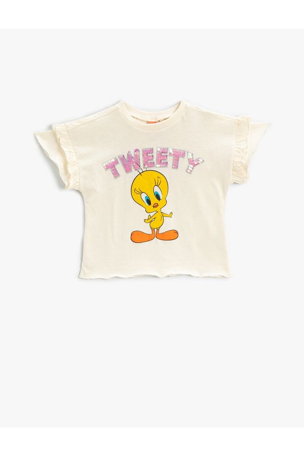 Koton Koton Tweety Printed Sequin Sequined T-Shirt Licensed Frilly Sleeved Cotton