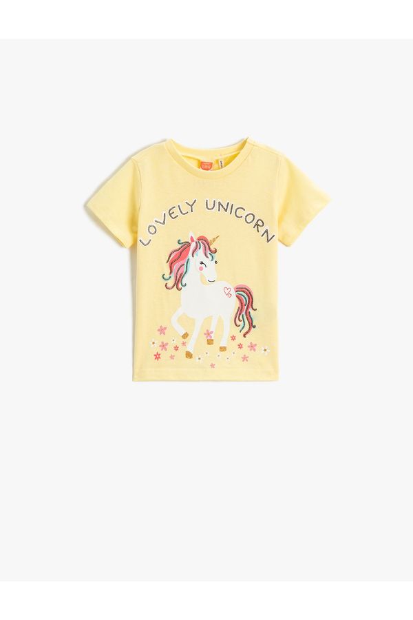 Koton Koton Unicorn Printed Short Sleeve T-Shirt Crew Neck Glitter