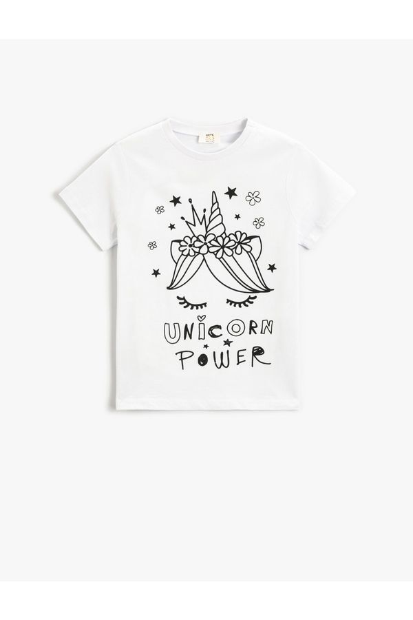 Koton Koton Unicorn Printed Short Sleeve T-Shirt Crew Neck Glitter