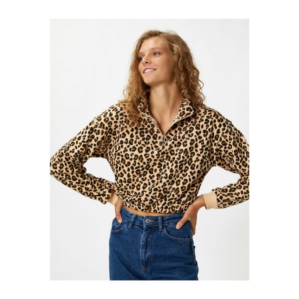 Koton Koton Women Brown Leopard Patterned Zippered Crop Bluza