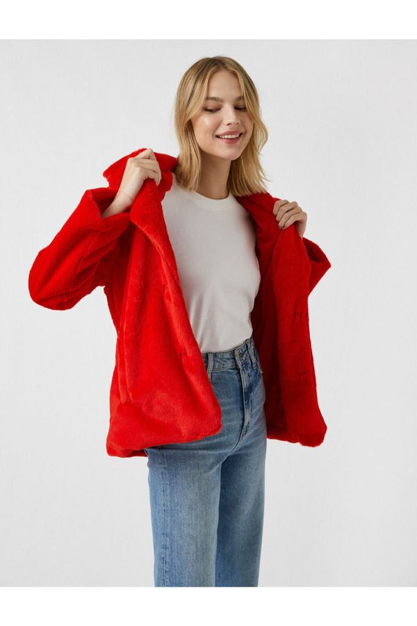 Koton Koton Women's Red Buttoned Oversize Short Faux Fur Coat