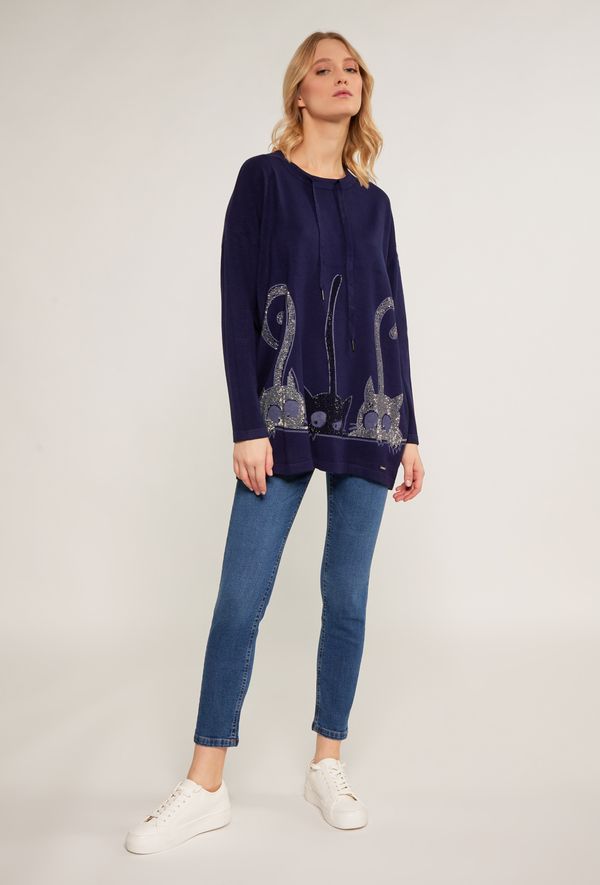 MONNARI MONNARI Woman's Jumpers & Cardigans Sweater With Rhinestone Pattern In Cats Navy Blue