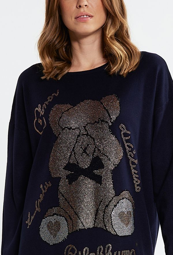 MONNARI MONNARI Woman's Jumpers & Cardigans Women's Long Sweater With A Rhinestone Pattern Navy Blue