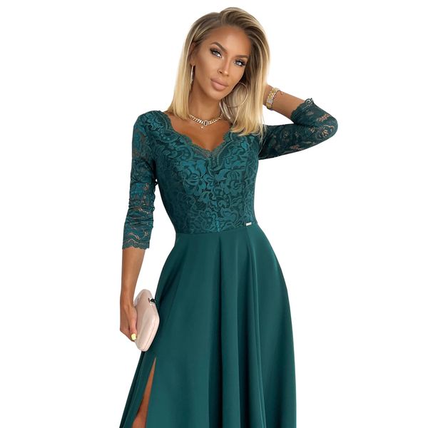 NUMOCO 309-5 AMBER elegant lace long dress with a neckline - BOTTLE GREEN
