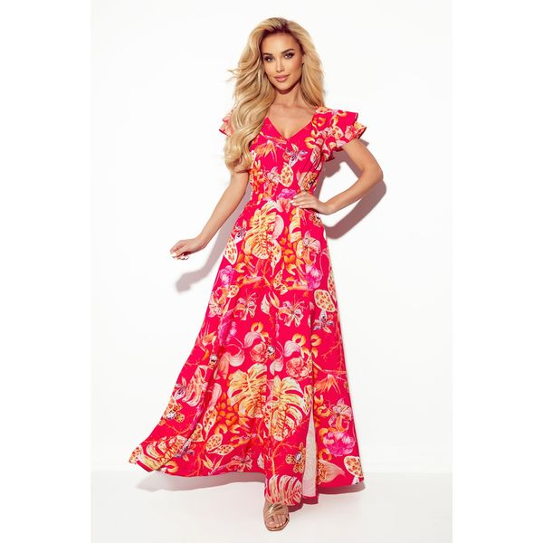 NUMOCO 310-4 LIDIA long dress with a neckline and frills - PINK WITH FLOWERS