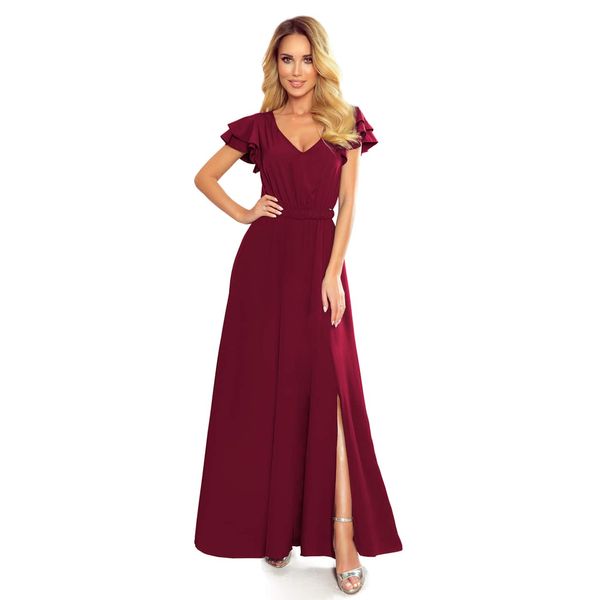 NUMOCO 310-5 LIDIA long dress with a neckline and frills - BORDEAUX