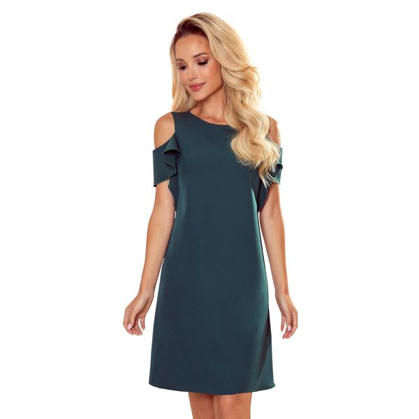 NUMOCO 359-2 Trapezoidal dress with frills on the shoulders - BOTTLE GREEN