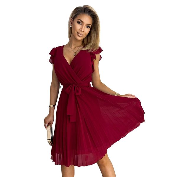 NUMOCO 374-2 POLINA Pleated dress with a neckline and frills - BORDEAUX