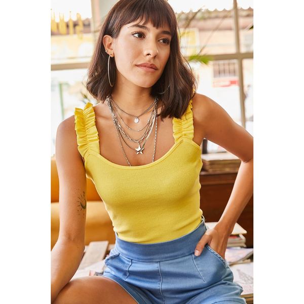 Olalook Olalook Women's Yellow Strap Frilly Lycra Camisole Blouse
