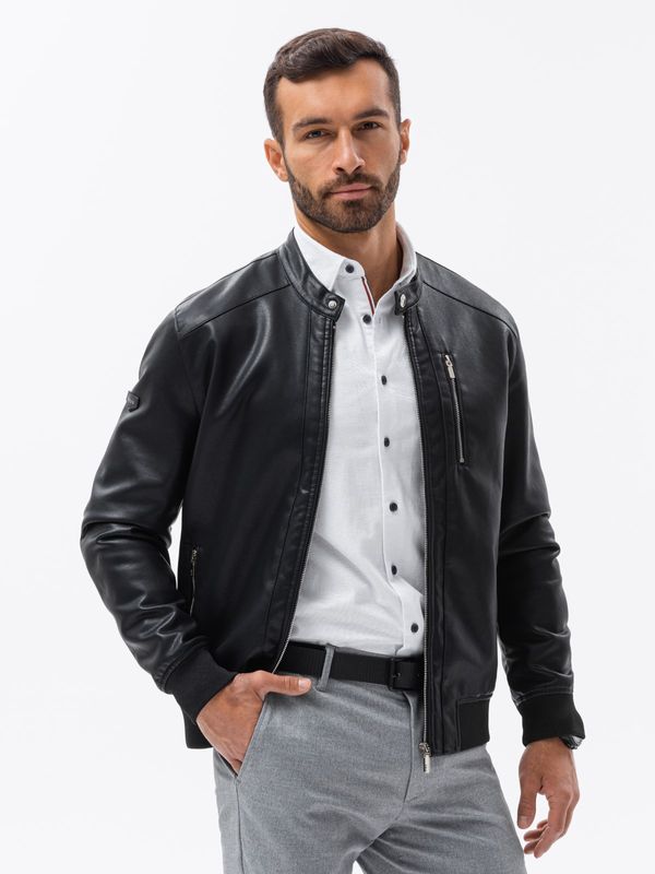 Ombre Ombre Men's faux leather jacket with ribbed bottom hem - black