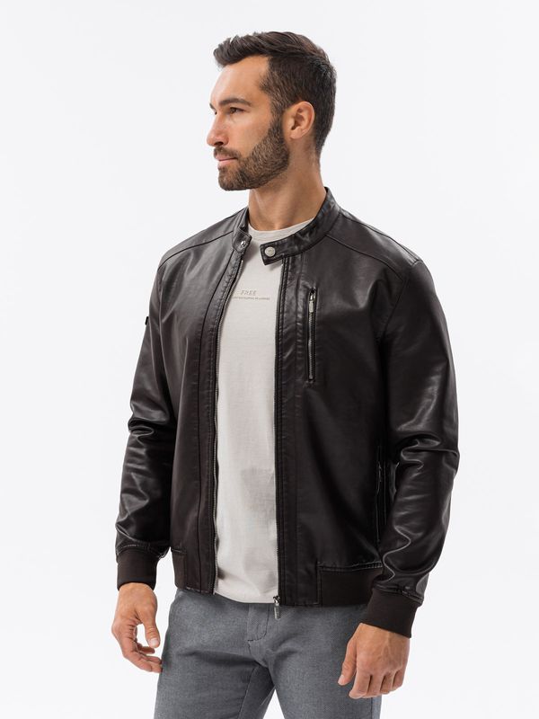 Ombre Ombre Men's imitation leather jacket with ribbed hem - dark brown