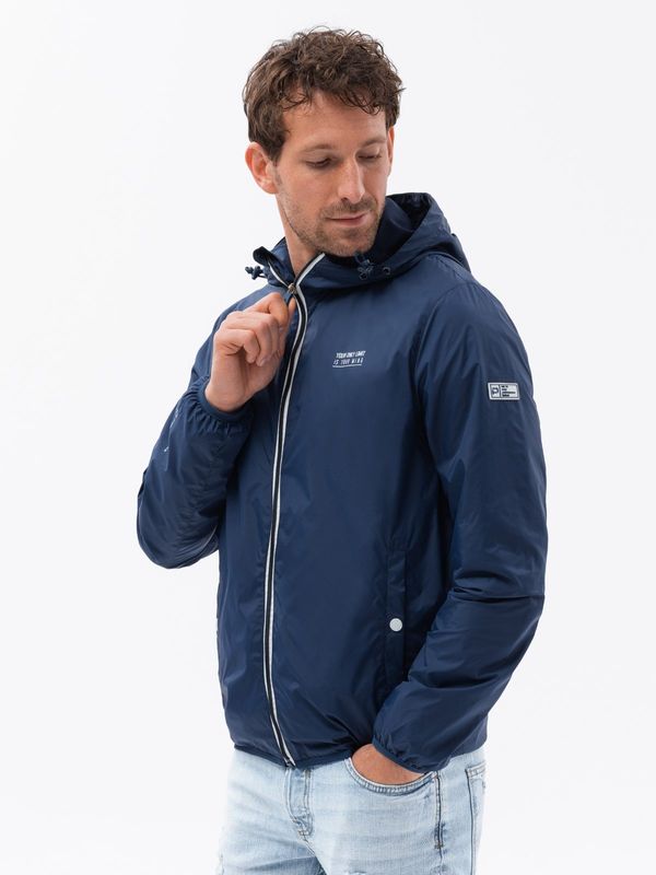 Ombre Ombre Men's windbreaker jacket with hood and contrasting details - navy blue