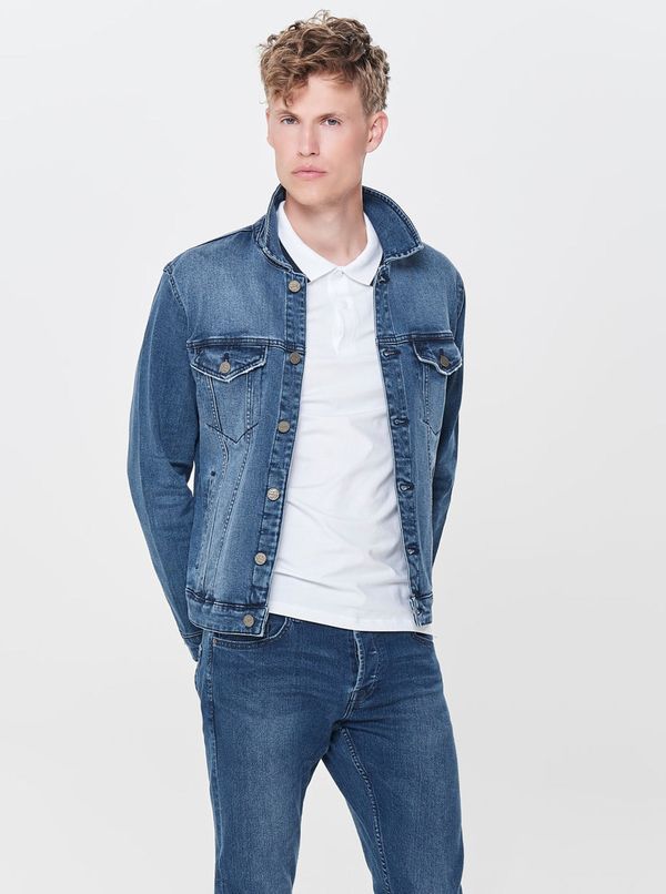 Only Blue Denim Jacket with Embroidered Effect ONLY & SONS Coin - Men's