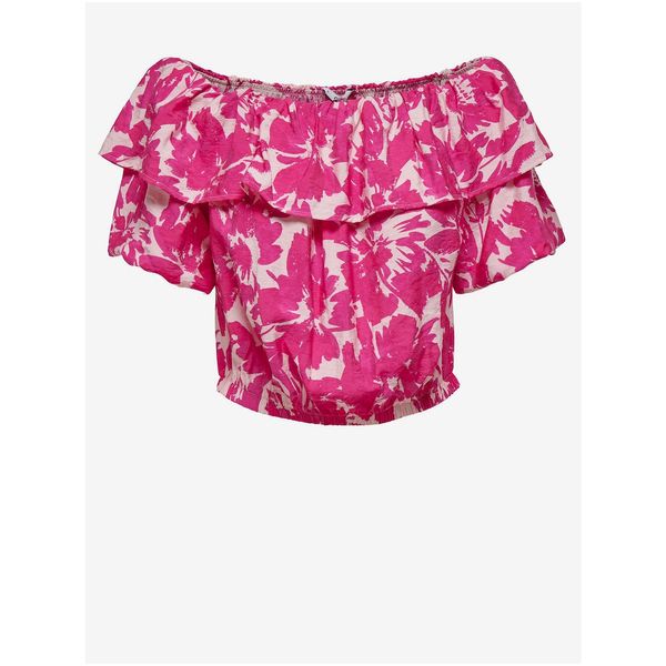 Only White-pink floral cropped blouse with ruffle ONLY Petra - Women