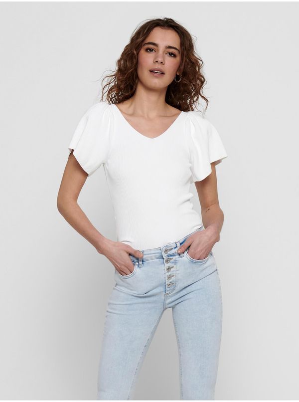Only White Ribbed T-Shirt with Binding ONLY Leelo - Women