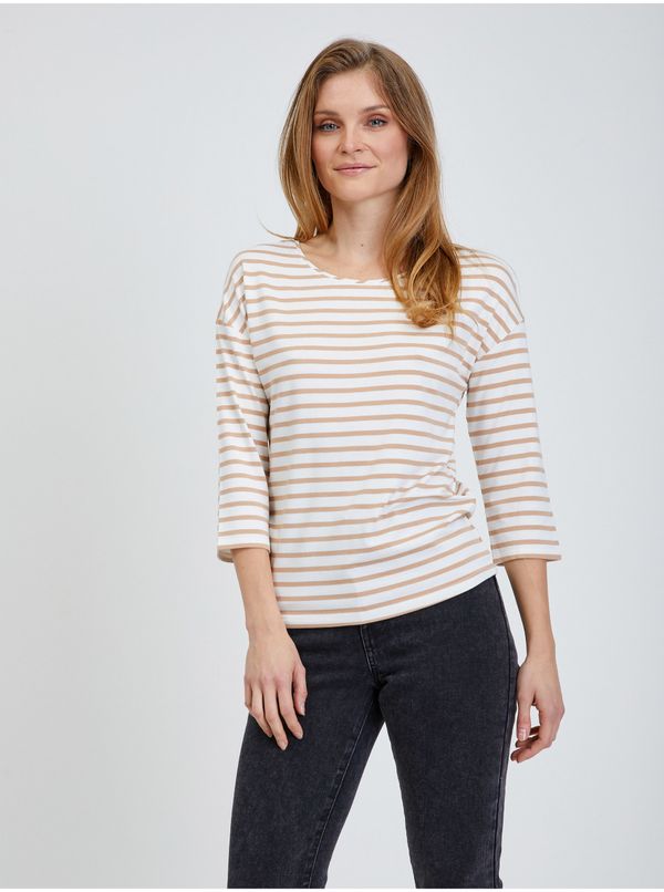 Orsay Beige Striped T-Shirt with Three-Quarter Sleeve ORSAY - Women