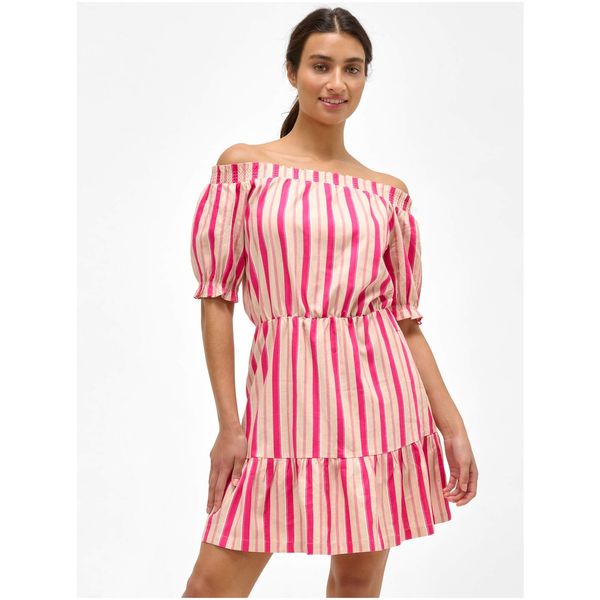 Orsay Pink striped linen dress with exposed shoulders ORSAY - Women