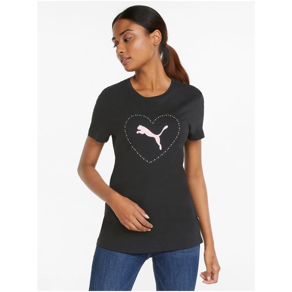 Puma Black Women's Patterned T-Shirt with Decorative Details Puma Valentine's Day - Women