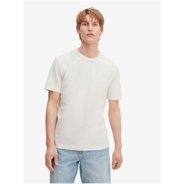 Tom Tailor Cream Men's Basic T-Shirt with Tom Tailor Pocket - Men's