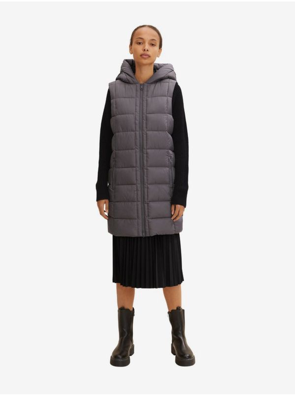 Tom Tailor Gray Long Quilted Vest with Tom Tailor Hood - Women