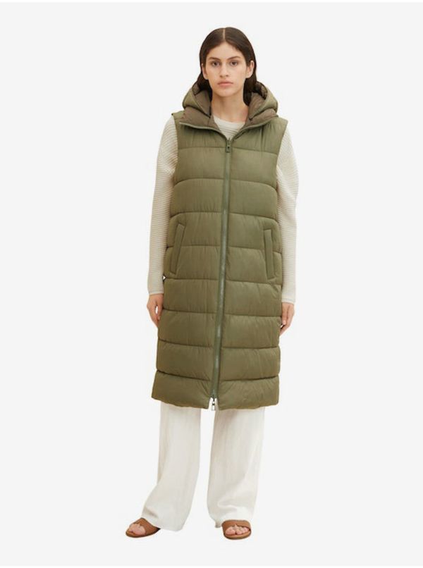 Tom Tailor Khaki Women's Long Quilted Vest with Hood Tom Tailor - Women