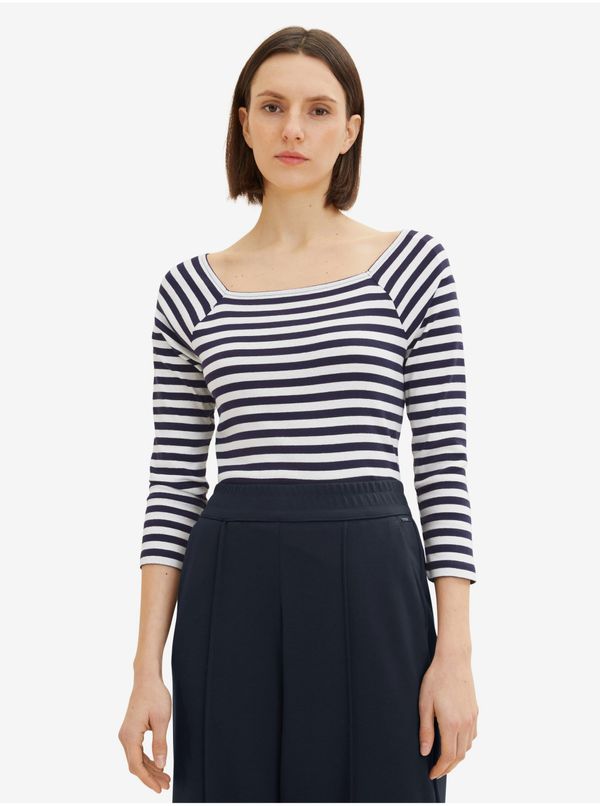 Tom Tailor White and Blue Ladies Striped Long Sleeve T-Shirt Tom Tailor - Women