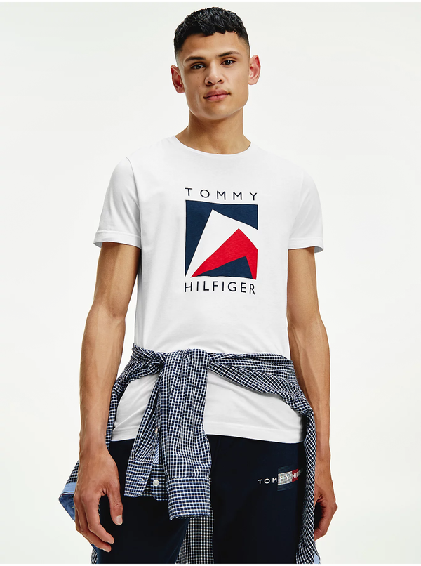 Tommy Hilfiger White Men's T-Shirt with Tommy Hilfiger Corp Apex Tee Print - Men's