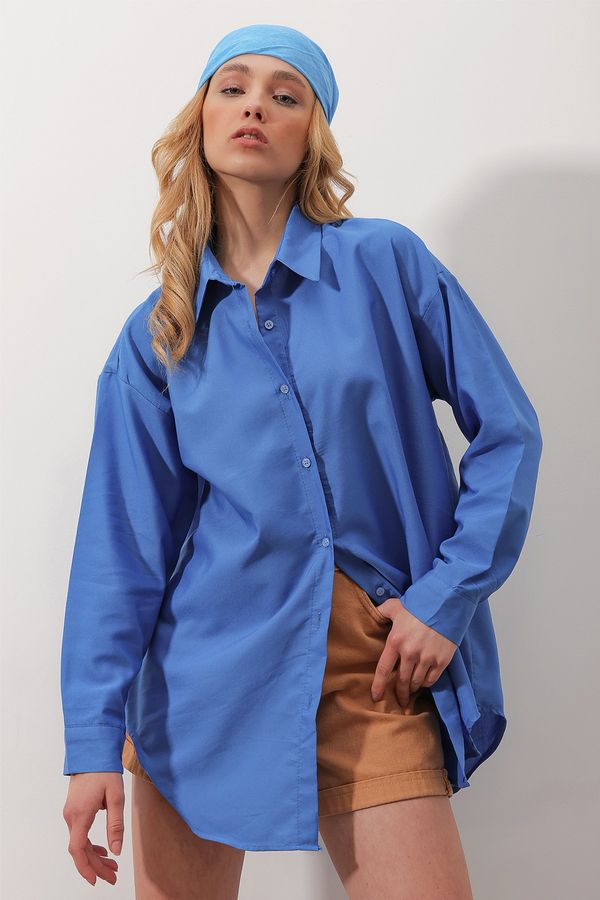 Trend Alaçatı Stili Trend Alaçatı Stili Shirt - Blue - Oversize