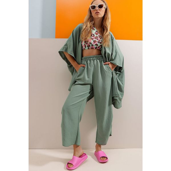 Trend Alaçatı Stili Trend Alaçatı Stili Women's Algae Green Slit Trousers And Jacket Double Suit