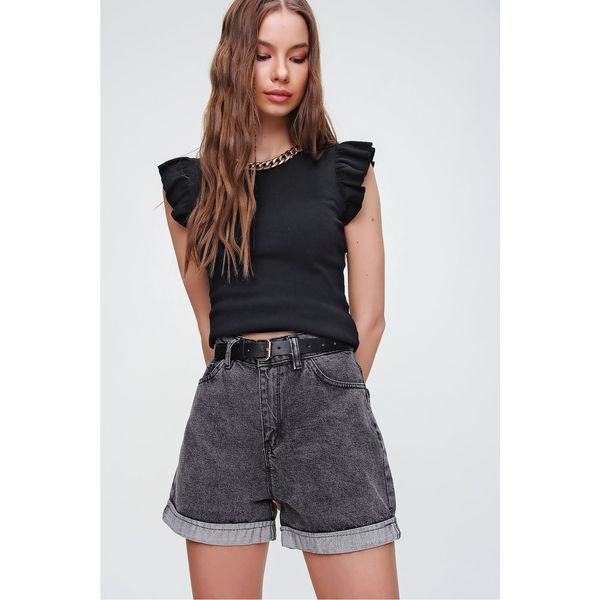 Trend Alaçatı Stili Trend Alaçatı Stili Women's Anthracite Double Leg High Waist Denim Shorts