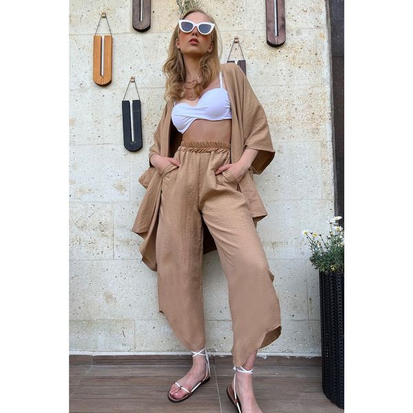 Trend Alaçatı Stili Trend Alaçatı Stili Women's Beige Slit Trousers And Jacket Double Suit