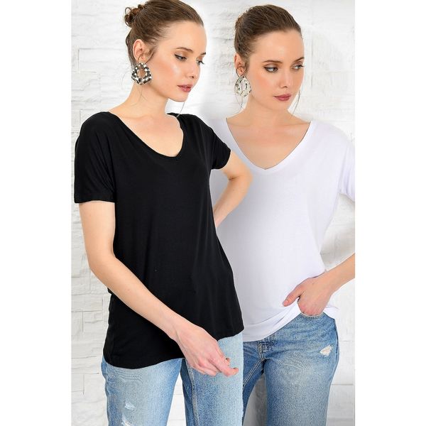 Trend Alaçatı Stili Trend Alaçatı Stili Women's Black-White V-Neck 2-Pack Basic T-Shirt