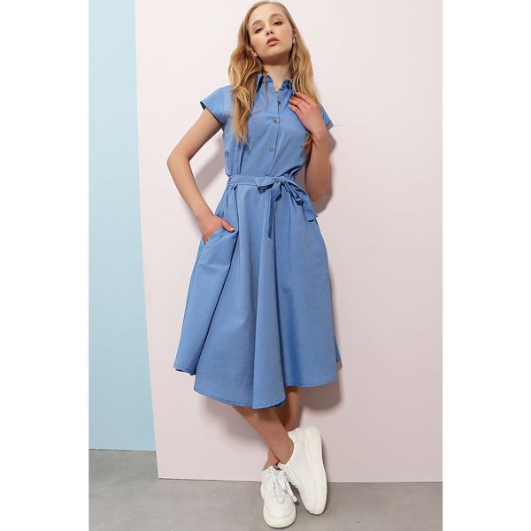 Trend Alaçatı Stili Trend Alaçatı Stili Women's Blue Sleeveless Linen Woven Shirt Dress