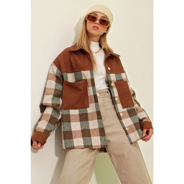 Trend Alaçatı Stili Trend Alaçatı Stili Women's Brown Checkered Cachet Cotton Oversize Blocky Safari Jacket Shirt